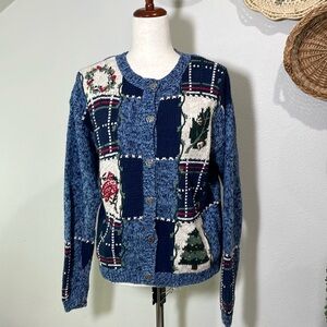 Nut Cracker Christmas Cardigan Sweater Tree Bird Blue Red White Grannycore Med